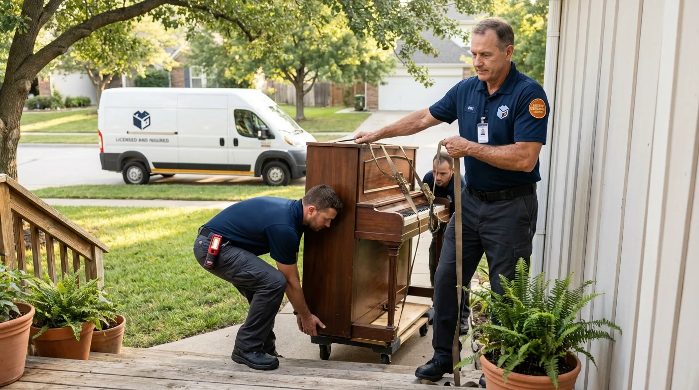 Licensed piano movers securing grand piano in Highland, MD