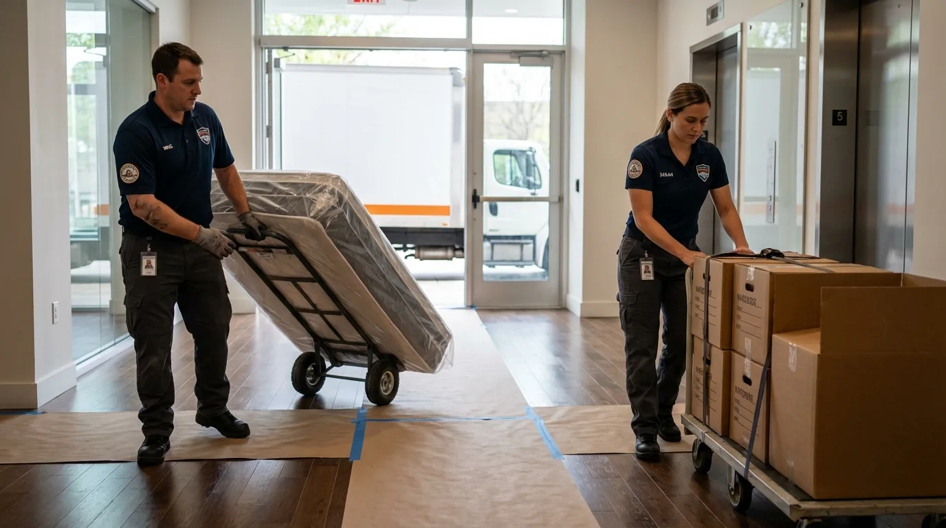 Professional apartment movers loading elevator in Highland, MD