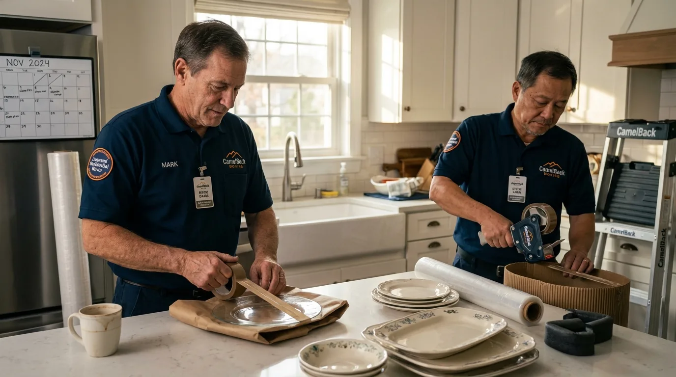 Professional crew packing kitchen dishware in Highland, MD